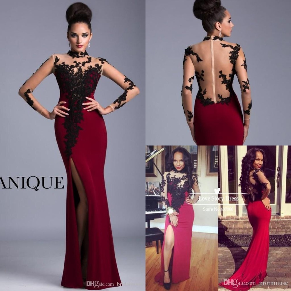 Long sleeve burgundy and black lace gown